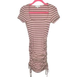 Emory Park Mini Dress Ribbed Striped Bodycon Stretch Square Neck Pink Tan S NWOT